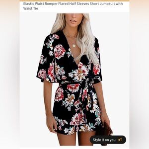 Black Floral Wrap Romper with Waist Tie